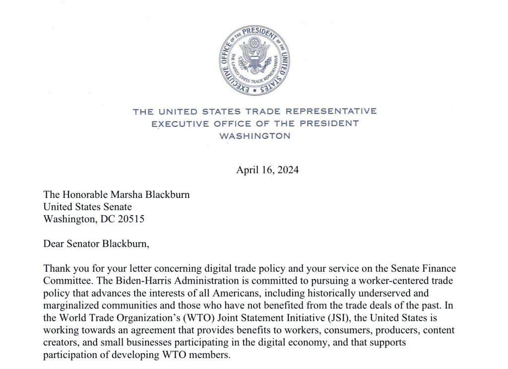 Screenshot of the first paragraph of USTR Tai's letter to Senator Blackburn, sent on April 16th, 2024.